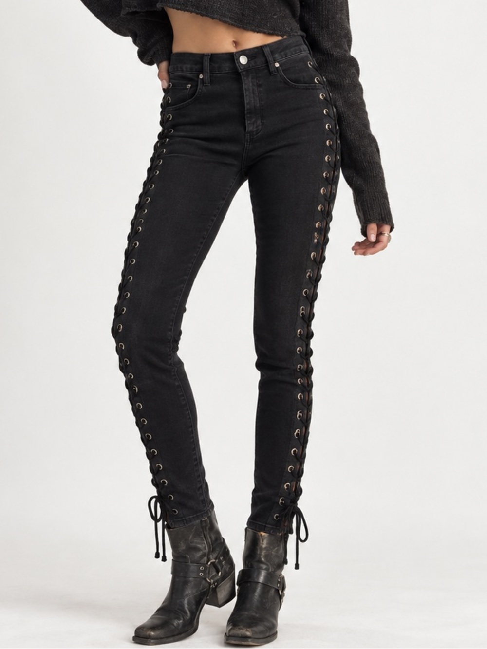 Made Gold Betty Lace Up Vinyl Black Skinny Jeans Punk Rock Goth Grunge Edgy 28